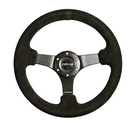 NRG Reinforced Steering Wheel (330mm / 3in Deep) Blk Suede w/Criss Cross Stitch w/Blk 3-Spoke Center