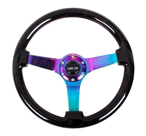 NRG Reinforced Steering Wheel (350mm / 3in Deep) Classic Blk Wood Grain w/Neochrome 3-Spoke Center