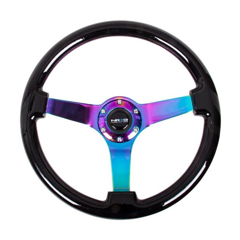 NRG Reinforced Steering Wheel (350mm / 3in Deep) Classic Blk Wood Grain w/Neochrome 3-Spoke Center