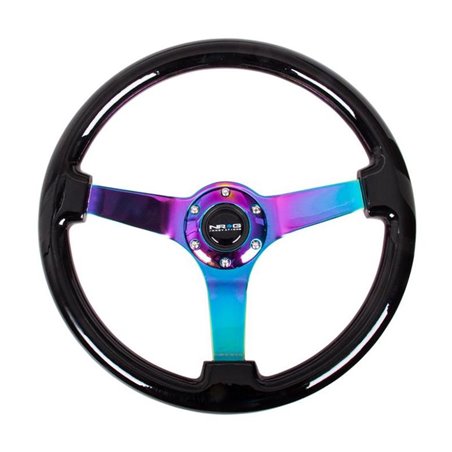 NRG Reinforced Steering Wheel (350mm / 3in Deep) Classic Blk Wood Grain w/Neochrome 3-Spoke Center