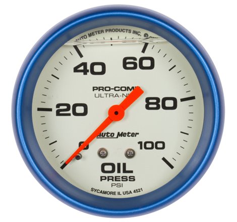 Autometer Ultra-Nite 2-5/8in 0-100 PSI Liquid Filled Mechanical Glow In Dark Oil Pressure Gauge