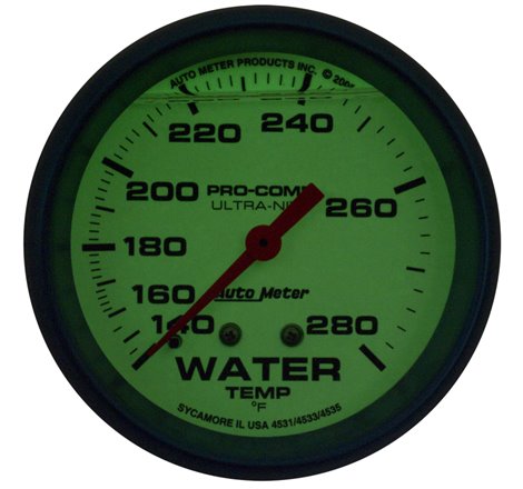 Autometer Ultra-Nite 2-5/8in 140-280 Degree Liquid Filled Mechanical Glow In Dark Water Temp Gauge