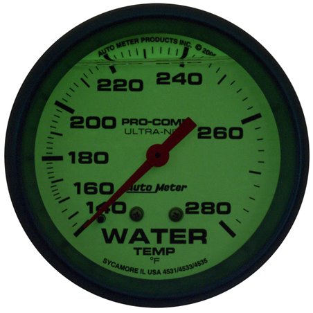 Autometer Ultra-Nite 2-5/8in 140-280 Degree Liquid Filled Mechanical Glow In Dark Water Temp Gauge