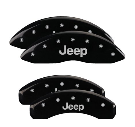 MGP 4 Caliper Covers Engraved Front & Rear 11-18 Jeep Grand Cherokee Black Finish Silver Jeep Logo