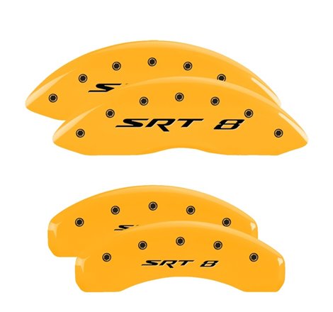 MGP 4 Caliper Covers Engraved Front & Rear 11-18 Jeep Grand Cherokee Yellow Finish Black SRT-8 Logo