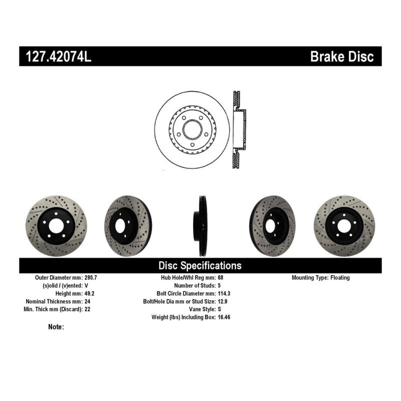 StopTech 1/02-05 Infiniti G35 (alloy disc) / 6/02-05 Nissan 350Z Slotted & Drilled Left Front Rotor