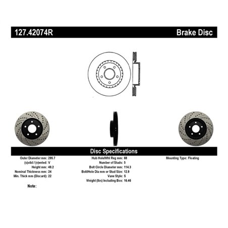 StopTech 1/02-05 Infiniti G35 (alloy disc) / 6/02-05 Nissan 350Z Slotted & Drilled Right Front Rotor