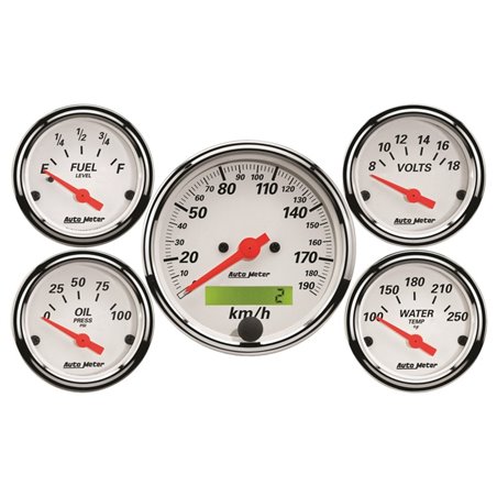 Autometer Arctic White 5 Pc Kit Box w/ Elec KMH Speedo, Elec Oil Press, Water Temp, Volt, Fuel Level