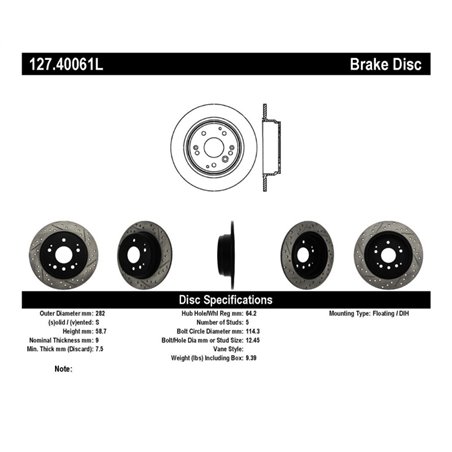 StopTech 04-08 Acura TL / 03-09 honda Element Slotted & Drilled Left Rear Rotor