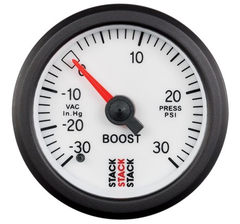 Autometer Stack 52mm -30INHG to +30 PSI (Incl T-Fitting) Mechanical Boost Pressure Gauge - White