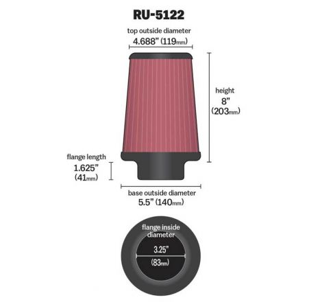 K&N Filter Universal Rubber Filter 3.25  Flange 5.5 Base 4.6875 Top 8 Height