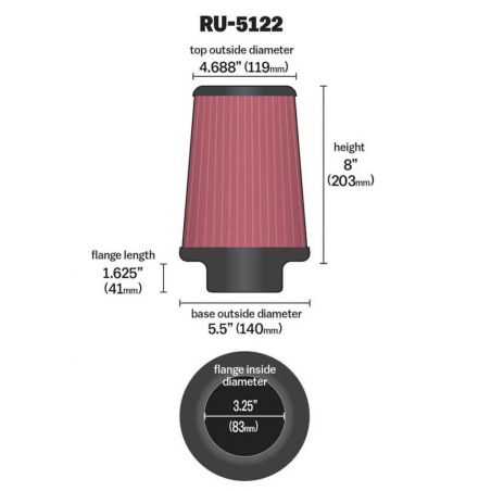 K&N Filter Universal Rubber Filter 3.25  Flange 5.5 Base 4.6875 Top 8 Height