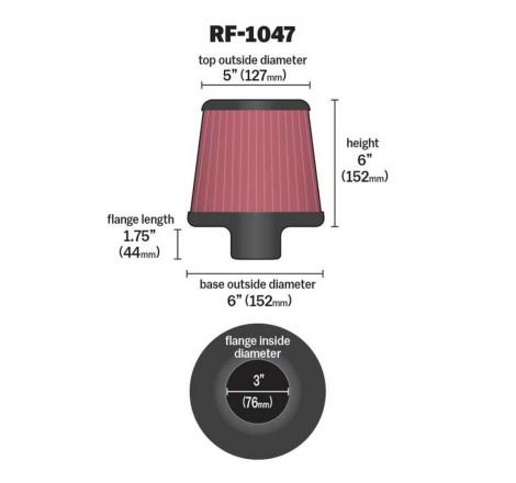 K&N Round Tapered Universal Air Filter 3 inch Flange 6 inch Base 5 inch Top 6 inch Height