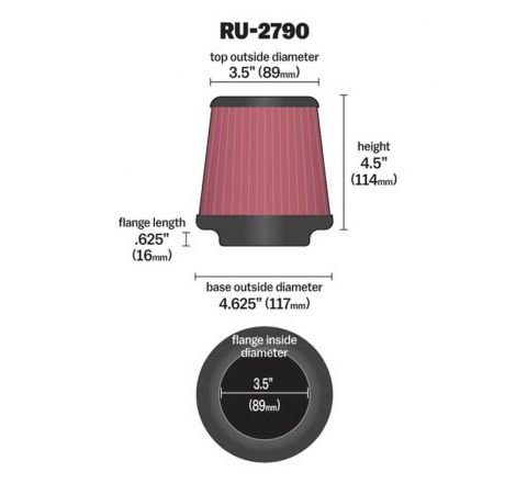 K&N Filter Universal Rubber Filter 3 1/2 inch Flange 4 5/8 inch Base 3 1/2 inch Top 4 1/2 inch Heigh