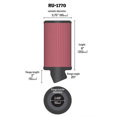 K&N Filter Universal Rubber Filter 2 7/16 inch 20 Degree Flange 3 3/4 inch OD 6 inch Height