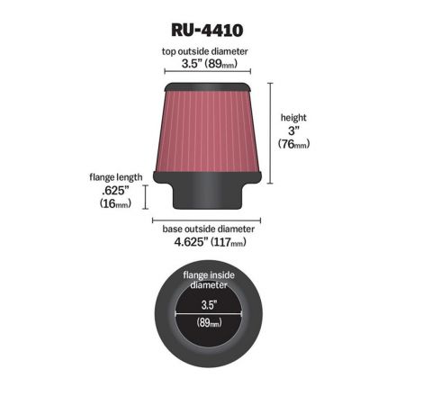 K&N Filter Universal Rubber Filter 3 1/2 inch Flange 4 5/8 inch Base 3 1/2 inch Top 3 inch Height