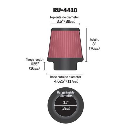 K&N Filter Universal Rubber Filter 3 1/2 inch Flange 4 5/8 inch Base 3 1/2 inch Top 3 inch Height