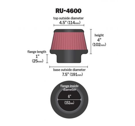 K&N Filter 6 inch Flange 7.5 inch Base 4.5 Top 4 inch Height