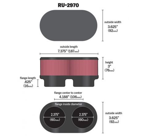 K&N Filter Universal  Filter 2 3/8 inch Dual Flange 107mm C-C 3 inch Height