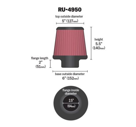 K&N Filter Universal Rubber Filter 2 1/2 inch Flange 6 inch Base 5 inch Top 5 1/2 inch Height