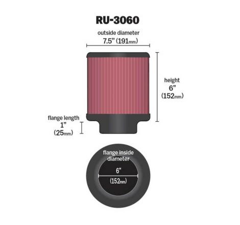 K&N Universal Rubber Filter 6in FLange ID / 7.5in OD / 6in Height / Round Straight