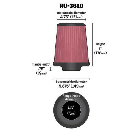 K&N Universal Rubber Filter 2.75in Flange ID x 5.875in Base OD x 4.75in Top OD x 7in Height