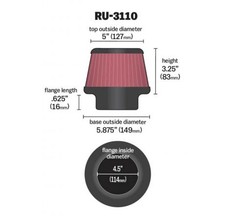 K&N Universal Rubber Filter Round Tapered 4.5in Flange ID x 5.875 Base OD x 5in Top OD x 3.25in H