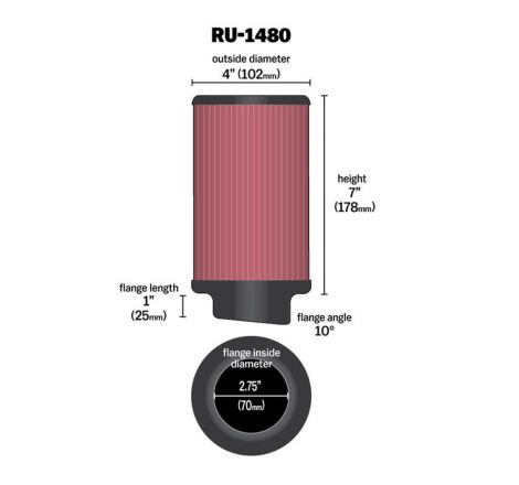 K&N Filter Universal Rubber Filter 10 Degree Flange Angle 4in OD x 2.75in Flange ID x 7in H