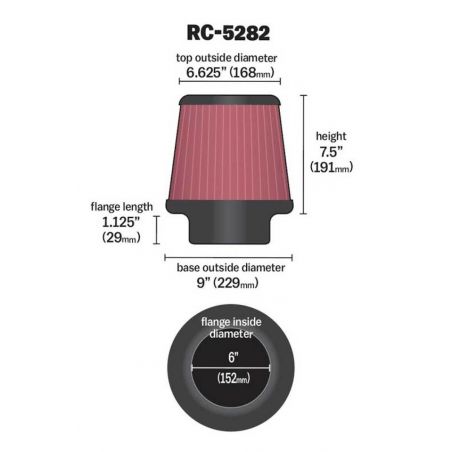 K&N Universal Round Tapered Filter 6in Flange ID x 9in Base OD x 6.625in Top OD x 7.5in Height