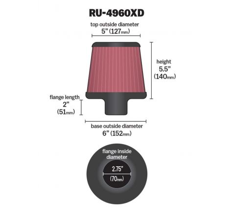 K&N Filter Universal Clamp-On Filter-Round Tapered 2.75in Flange ID x 6in Base OD x 5in Top OD