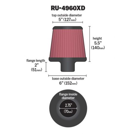 K&N Filter Universal Clamp-On Filter-Round Tapered 2.75in Flange ID x 6in Base OD x 5in Top OD