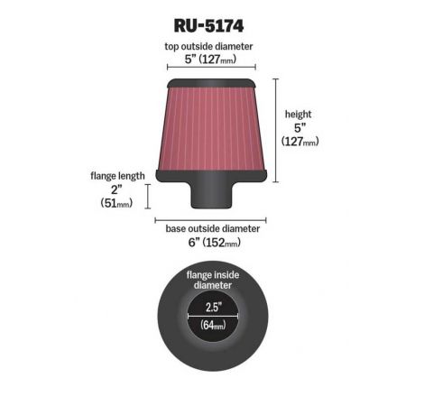 K&N Universal Rubber Filter-Round Tapered 2.5in Flange ID x 6in Base OD x 5in Top OD x 5in Height