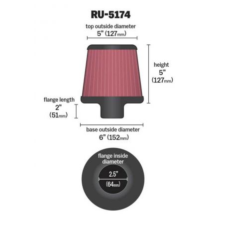 K&N Universal Rubber Filter-Round Tapered 2.5in Flange ID x 6in Base OD x 5in Top OD x 5in Height