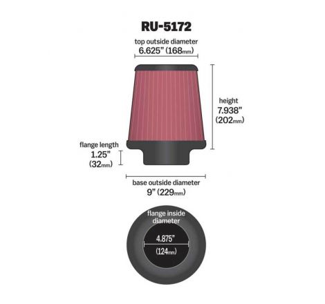 K&N Universal Rubber Filter-Round Tprd 4.875in Flange ID x 9in Base OD x 6.625in Top OD x 7.938in H