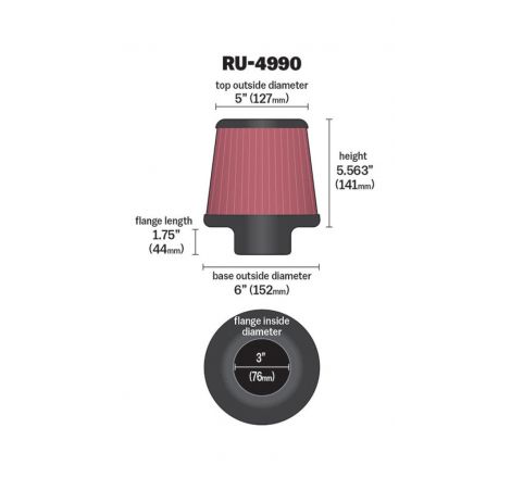 K&N Filter Universal Rubber Filter-Rd Tapered 3in Flange ID x 6in Base OD x 5in Top OD x 5.563in H