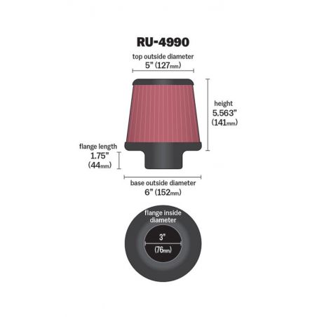 K&N Filter Universal Rubber Filter-Rd Tapered 3in Flange ID x 6in Base OD x 5in Top OD x 5.563in H