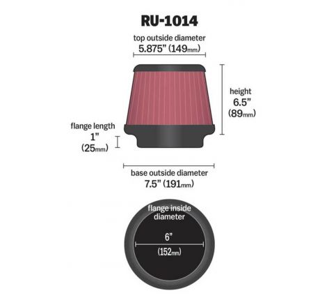 K&N Universal Tapered Filter 6in Flange ID x 7.5in Base OD x 5.875in Top OD x 6.5in Height