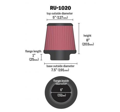 K&N Universal Tapered Filter 6in Flange ID x 7.5in Base OD x 5in Top OD x 8in Height