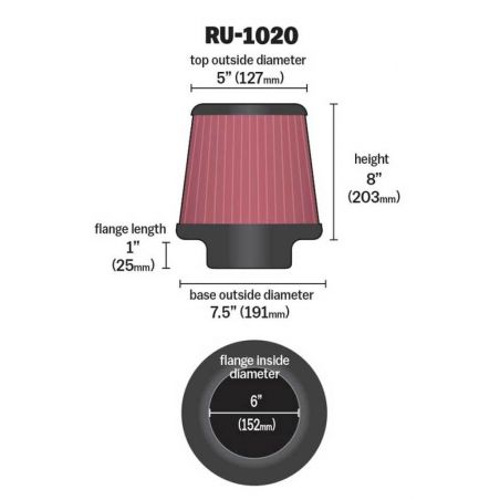 K&N Universal Tapered Filter 6in Flange ID x 7.5in Base OD x 5in Top OD x 8in Height