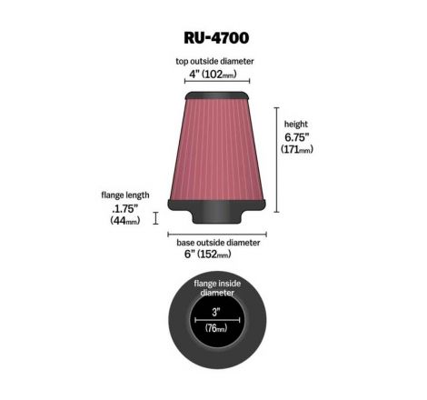 K&N Universal Tapered Filter 3in Flange ID x 6in Base OD x 4in Top OD x 6.75in Height