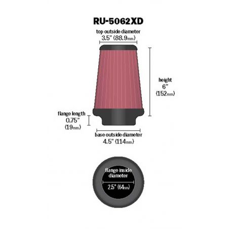 K&N Universal Rubber Filter 2-1/2in Flg / 4-1/2in OD B / 3-1/2in OD T / 6in H - Black Top