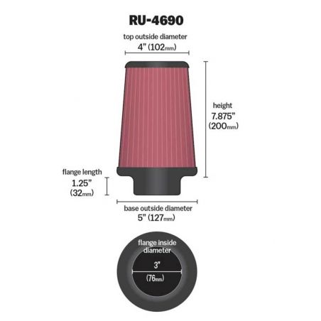 K&N Universal Round Tapered Filter 3 inch FLG / 5 inch Bottom / 4 inch Top / 7 7/8 inch Height