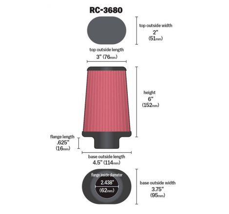 K&N Universal Clamp-On Air Filter 2-7/16in Flange 4-1/2x3-3/4in Base 3x2in Top 6in Height