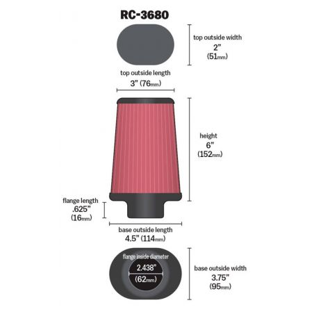 K&N Universal Clamp-On Air Filter 2-7/16in Flange 4-1/2x3-3/4in Base 3x2in Top 6in Height