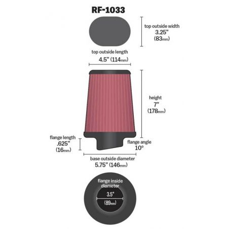 K&N Uni Oval Tapered Air Filter 3.5in 10 Deg. Flg / 3.25in T OW / 4.5in T OL / 5.75in B / 7in H