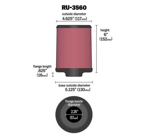 K&N Universal Rubber Filter 2-1/4in FLG x 5-1/8in Base x 4-5/8in Top x 6in Height