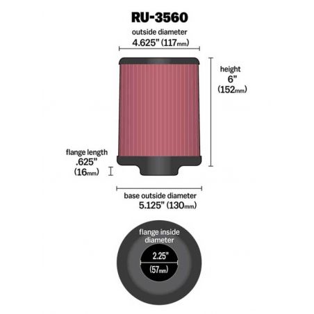 K&N Universal Rubber Filter 2-1/4in FLG x 5-1/8in Base x 4-5/8in Top x 6in Height