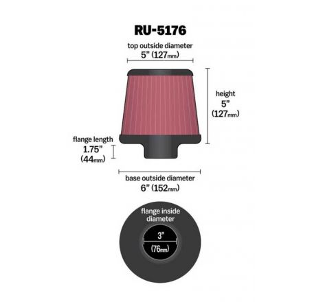 K&N Universal Rubber Filter-Round Tapered 3in Flange ID x 6in Base OD x 6in Top OD x 5in H