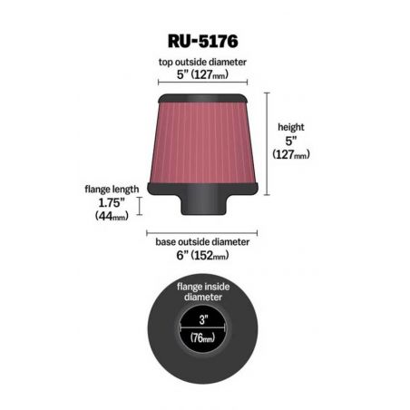 K&N Universal Rubber Filter-Round Tapered 3in Flange ID x 6in Base OD x 6in Top OD x 5in H