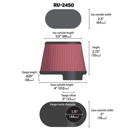 K&N Univ Clamp-On Air Filter - 1-3/4in FLG O/S 4in X 3in B 3in X 2in T 2-3/4inH OVAL